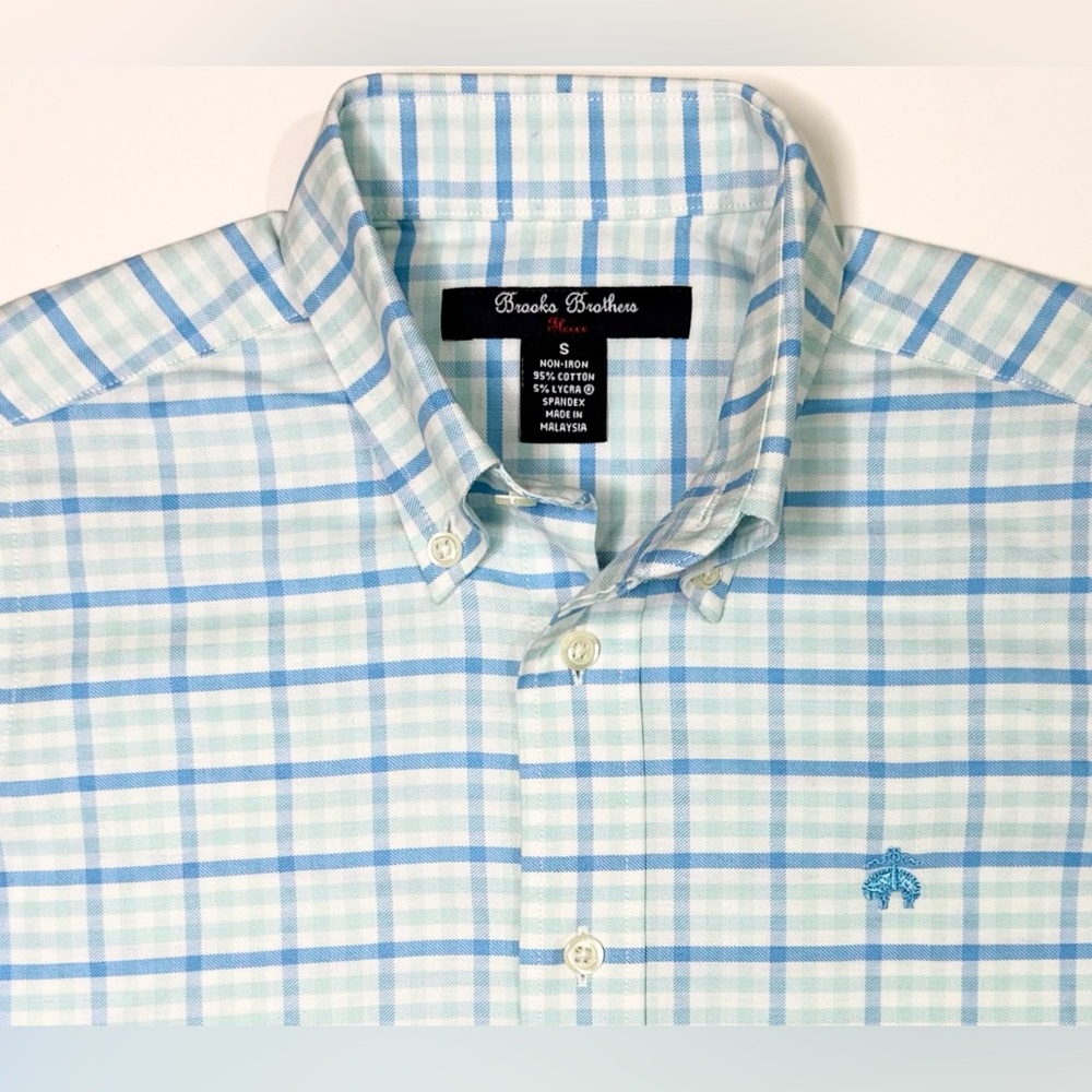Brooks Brothers Boys Aqua Non-Iron Cotton Oxford Multi-Gingham Sport Shirt - S - Picture 2 of 6